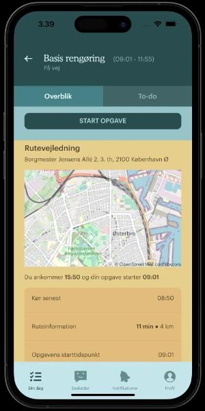 Housekeepr app med optimeret kørselsrute for effektiv daglig planlægning.