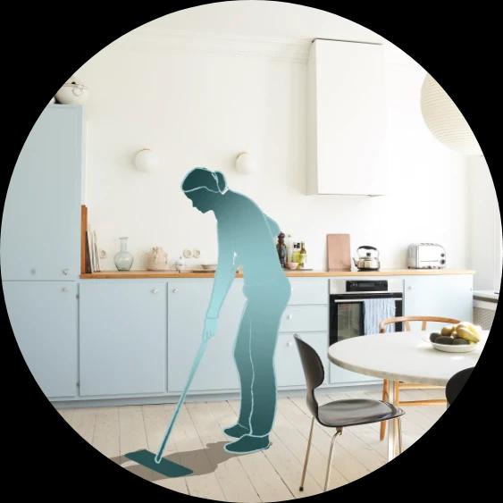 Professionel Housekeepr udfører miljøvenlig rengøring i køkken.