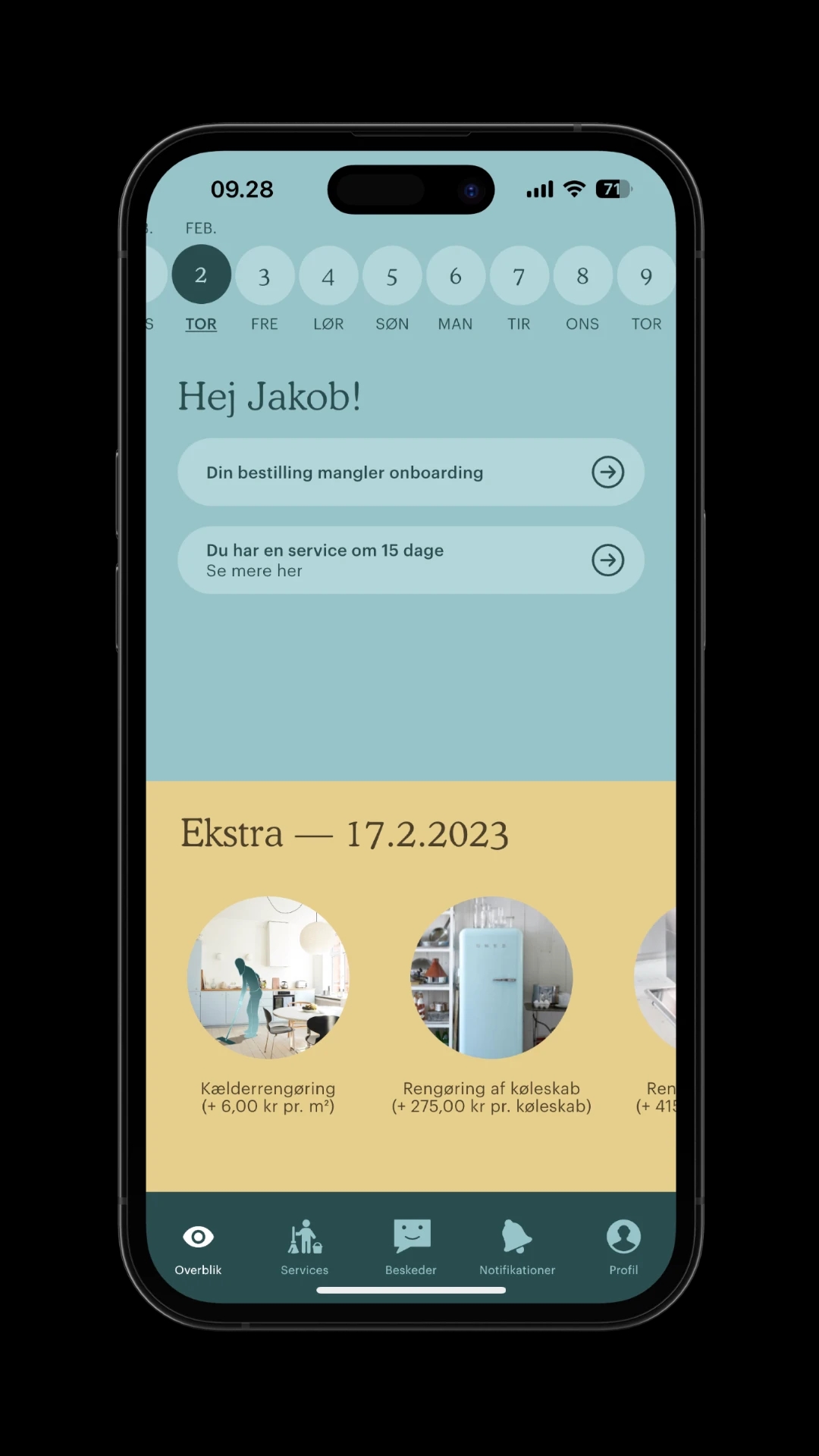 Housekeepr kunde app under Overblik - Viser notifikationer, kommende rengøringer i kalenderen og tilvalgte Ekstra service.