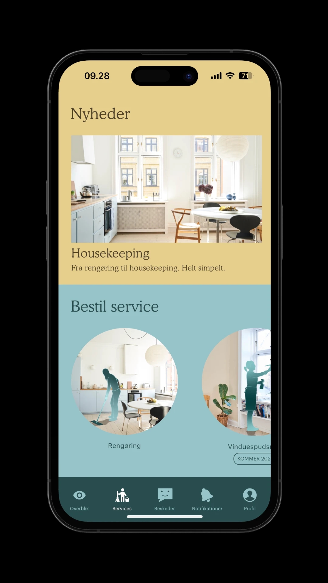 Housekeepr kunde app under Services - Viser Nyheder og udbydet af forskellige service.