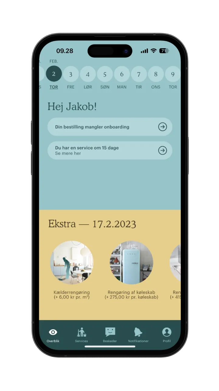 Housekeepr kunde app under Overblik - Viser notifikationer, kommende rengøringer i kalenderen og tilvalgte Ekstra service.