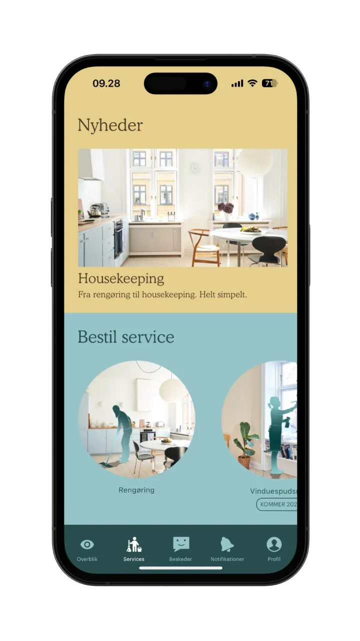 Housekeepr kunde app under Services - Viser Nyheder og udbydet af forskellige service.